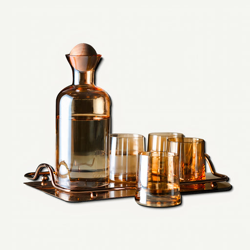 Amber Decanter Set with Wooden Lid and Metal Tray